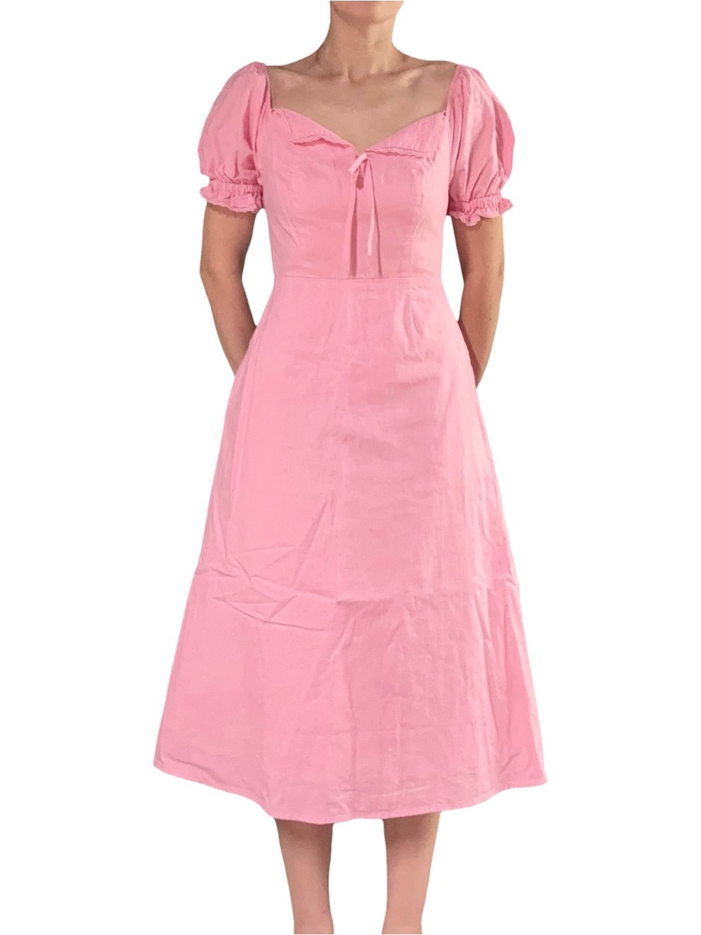 NWT✨ | Scoop | Pink Cotton Linen Blend Lace Collar Puff Sleeve Midi Dress